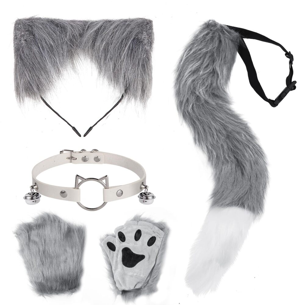 5552 4 Pcs Faux Fur Therian Mask And Tail Set For Halloween